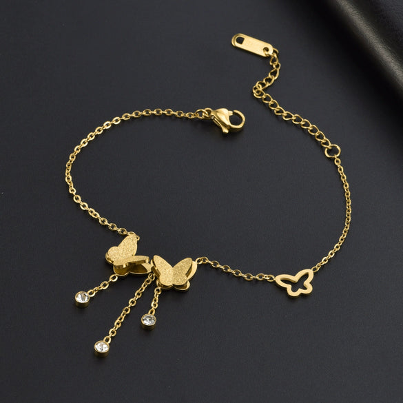 Wholesale Women's Titanium Steel Frosted Geometric Double Butterfly Tassel Bracelet With Polishing