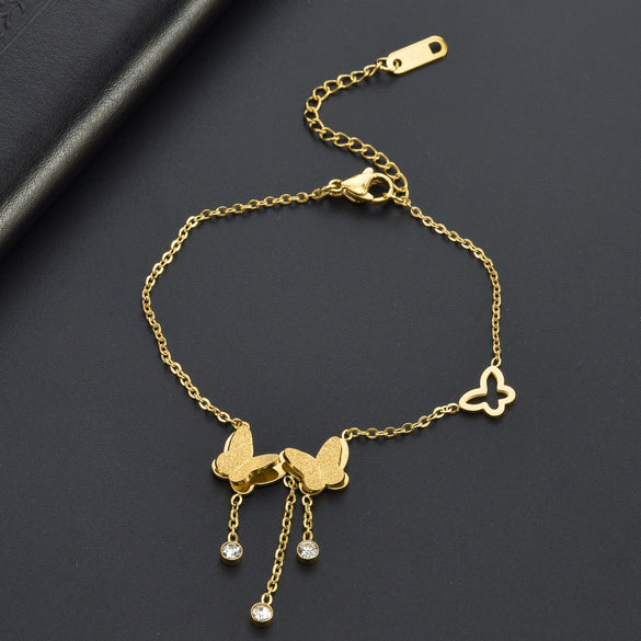 Wholesale Women's Titanium Steel Frosted Geometric Double Butterfly Tassel Bracelet With Polishing