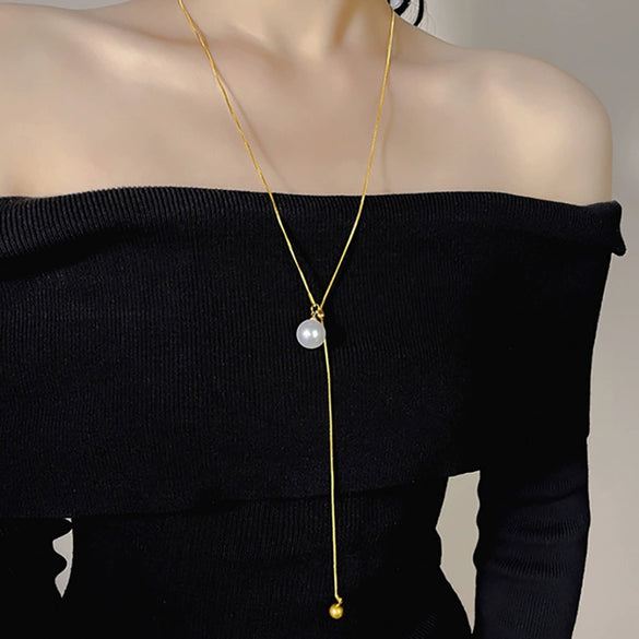 Wholesale Women's Titanium Steel Geometric Beaded Tassel Necklace With Electroplating And Snake Bone Chain