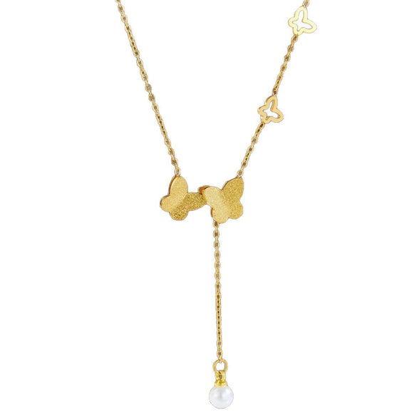 Wholesale Women's Titanium Steel Geometric Butterfly Tassel Pearl Necklace With Real Gold Plating In The Furnace