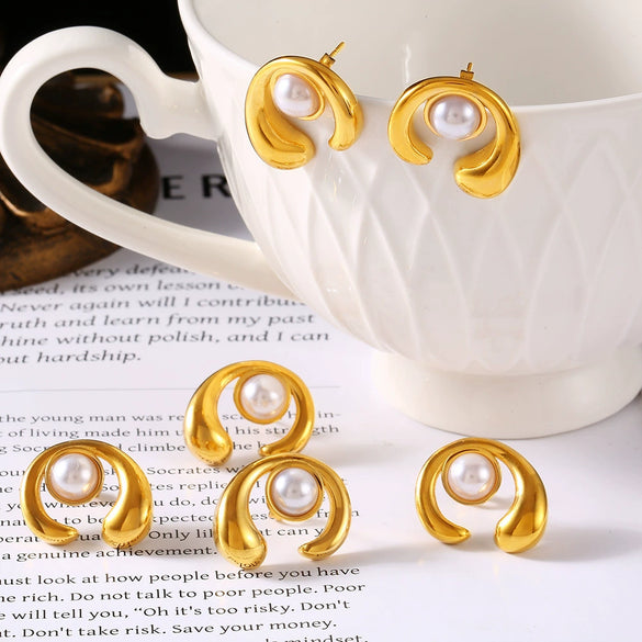 Wholesale Women's 316L Stainless Steel Geometric Cshaped Inlaid Shell Beads Goldplated Earrings