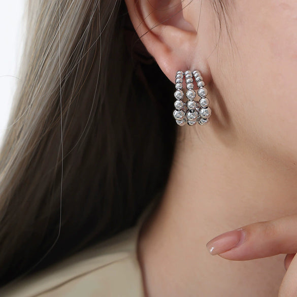 Wholesale Women's 316L Stainless Steel Geometric Cshaped Semicircular Threelayer Steel Ball Splicing Electroplated Earrings