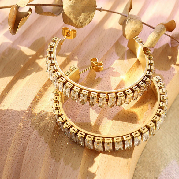 Wholesale Women's Titanium Steel Geometric Cshaped Zircon Earrings With Electroplating Retro And Unique Style