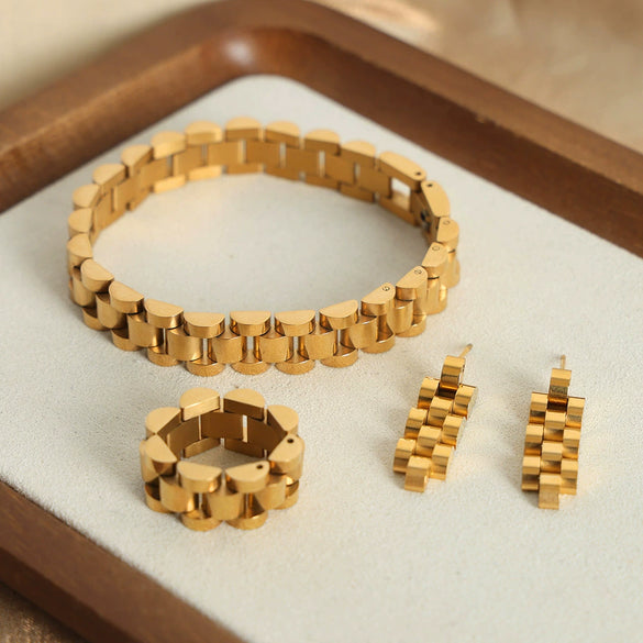 Wholesale Women's Titanium Steel Geometric Design Gold Plated Chain Bracelet Ring Earrings Jewelry Suit With Electroplating Treatment