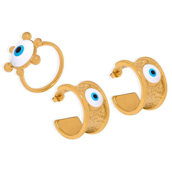 Wholesale Women's Titanium Steel Geometric Devil's Eye Ring And Hammer Pattern Earrings Gold Plated