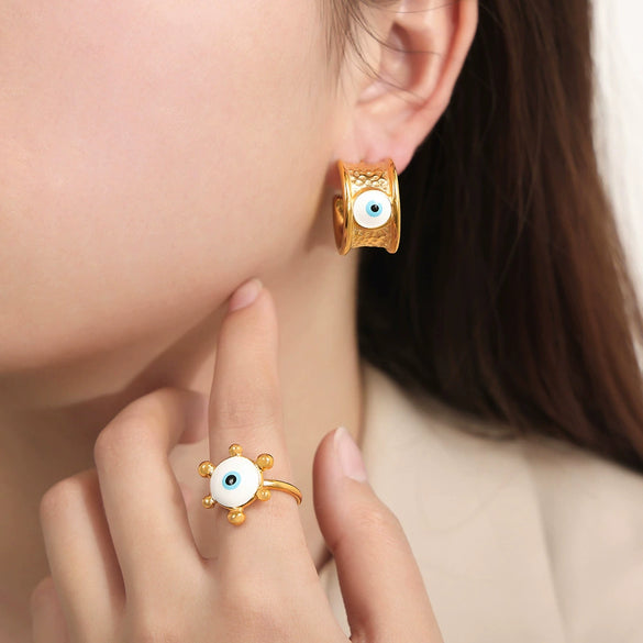 Wholesale Women's Titanium Steel Geometric Devil's Eye Ring And Hammer Pattern Earrings Gold Plated