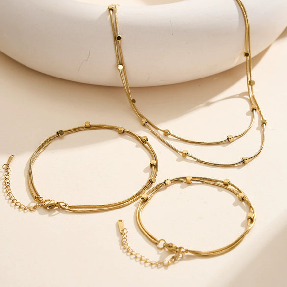 Wholesale Women's Titanium Steel Geometric Doublelayer Calendering Chain Electroplated Necklace