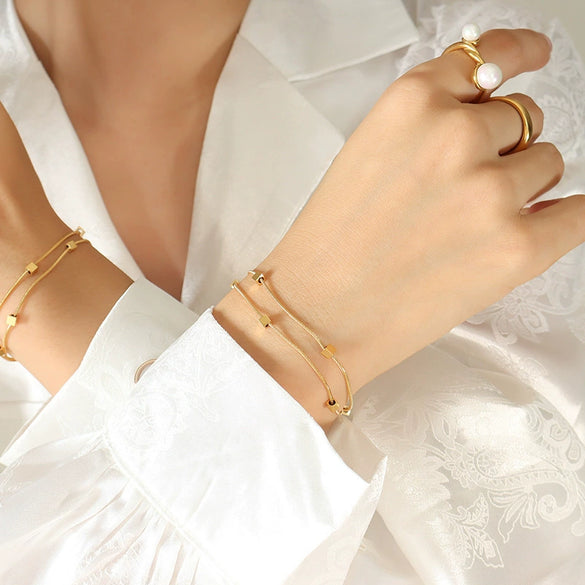 Wholesale Women's 316L Stainless Steel Geometric Doublelayer Square Bracelet Goldplated Snake Bone Chain Electroplated