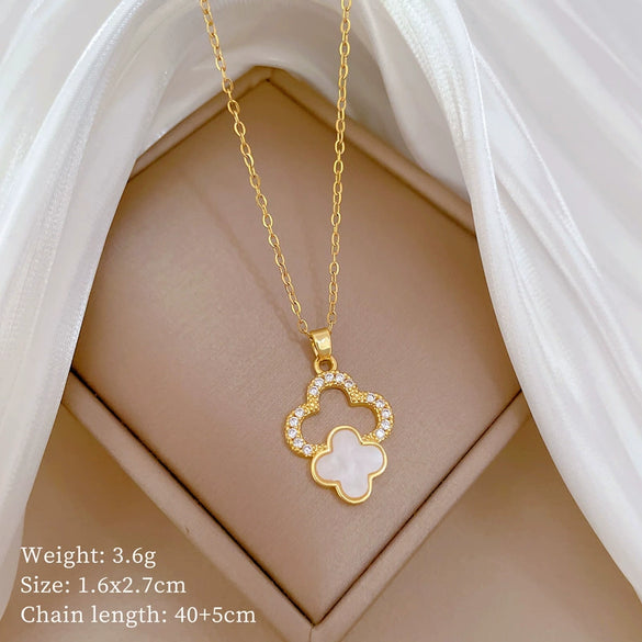 Wholesale Women's Titanium Steel Geometric Electroplated Lucky Grass Shell Micro Necklace And Earrings Set