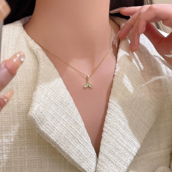 Wholesale Women's Titanium Steel Geometric Fishtail Pendant Clavicle Necklace With Microinlaid Zircon And Electroplating