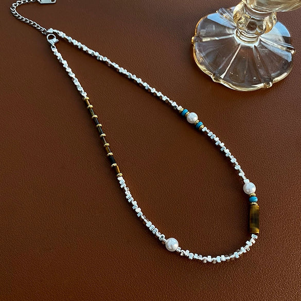 Wholesale Women's Titanium Steel Geometric Handmade Vintage Light Luxury Niche Beaded Clavicle Necklace