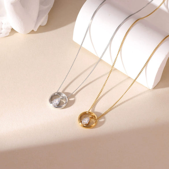 Wholesale Women's Titanium Steel Geometric Inlaid Zircon Ring And Clavicle Chain Jewelry Accessories With Electroplating