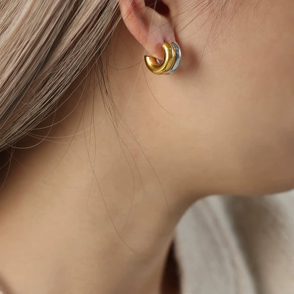 Wholesale Women's 316L Stainless Steel Geometric Niche Ushape Goldplated Doublelayer Earrings Jewelry