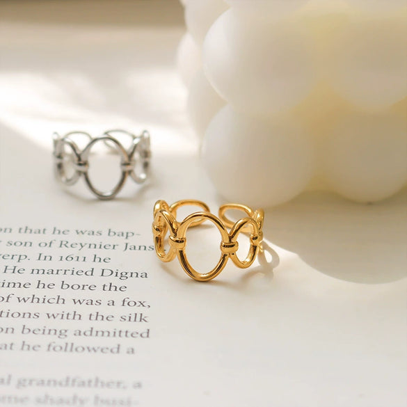 Wholesale Women's Titanium Steel Geometric Oval Stitching Opening Ring With 18K Gold Electroplating