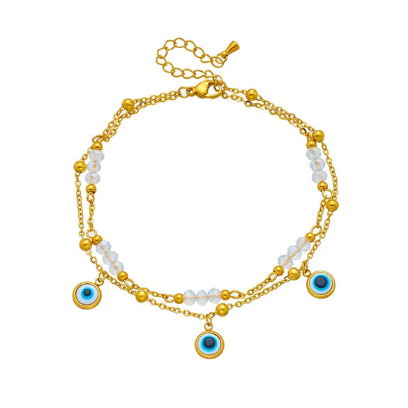 Wholesale Women's Titanium Steel Geometric Pattern Multi Layer Stacked Anklet With Turkey Blue Eyes Pendant And Beaded Chain