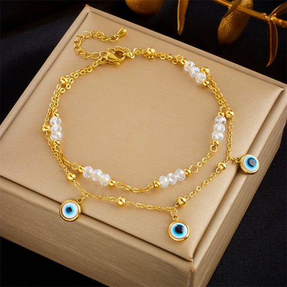 Wholesale Women's Titanium Steel Geometric Pattern Multi Layer Stacked Anklet With Turkey Blue Eyes Pendant And Beaded Chain