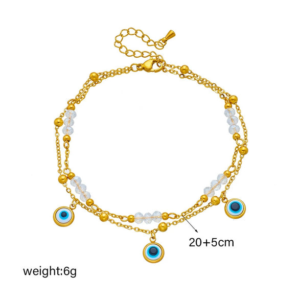 Wholesale Women's Titanium Steel Geometric Pattern Multi Layer Stacked Anklet With Turkey Blue Eyes Pendant And Beaded Chain