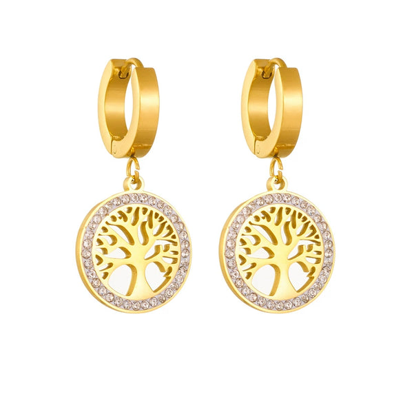 Wholesale Women's Titanium Steel Geometric Round Diamondembedded Life Tree Earrings Fashion Retro Style