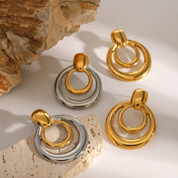 Wholesale Women's Titanium Steel Geometric Round Double Hollow Electroplated Earrings