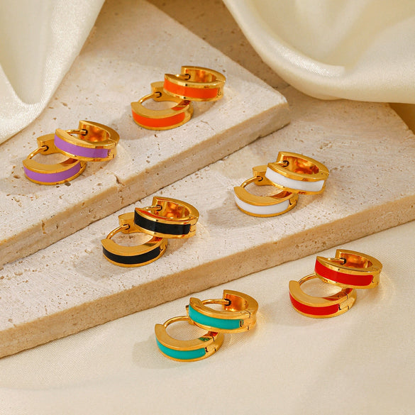 Wholesale Women's Titanium Steel Geometric Round Oil Drop Earrings 18K Gold Plated