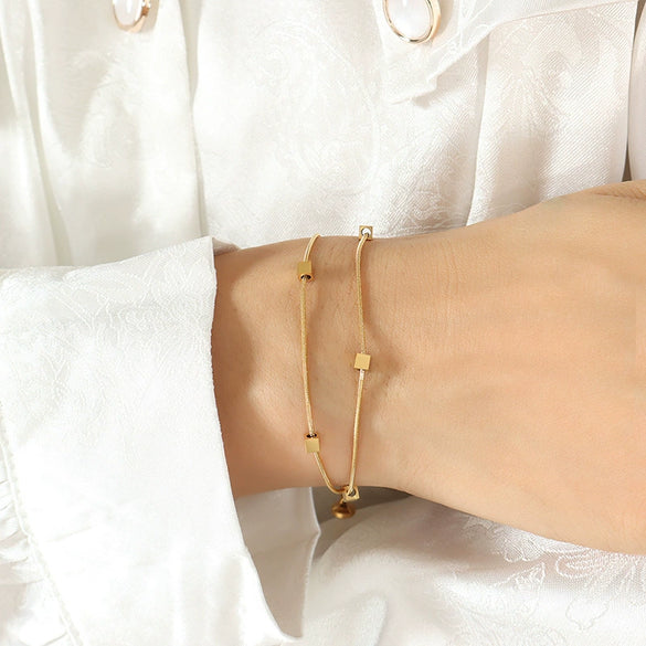 Wholesale Women's Titanium Steel Geometric Square Goldplated Electroplated Doublelayer Bracelet