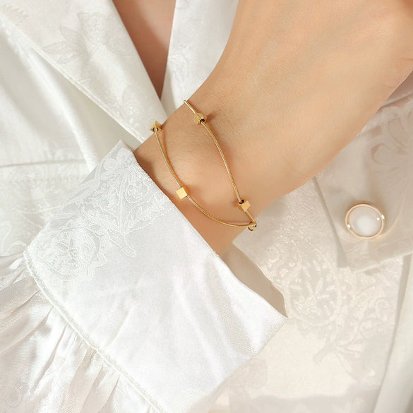 Wholesale Women's Titanium Steel Geometric Square Goldplated Electroplated Doublelayer Bracelet