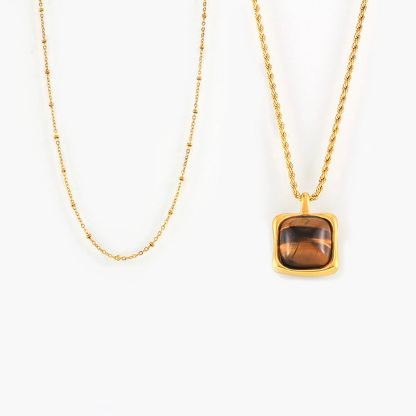 Wholesale Women's 316L Stainless Steel Geometric Style Double Layer Stacked Necklace With Tiger Eye Pendant And Goldplated Treatment