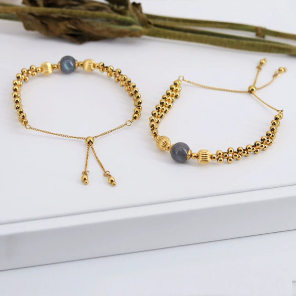 Wholesale Women's Titanium Steel Geometric Woven Metal Beads Moonstone Transfer Electroplated Bracelet