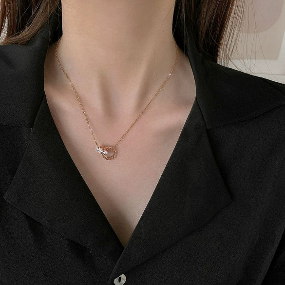 Wholesale Women's Titanium Steel Gold Plated Roman Numerals Doublering Pendant Ochain Necklace