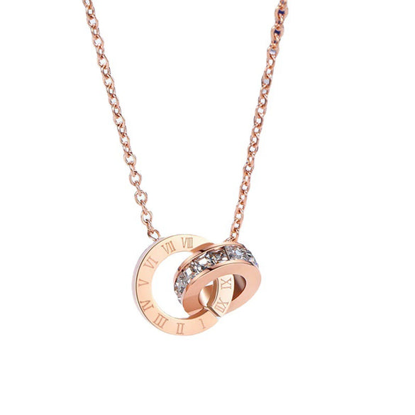 Wholesale Women's Titanium Steel Gold Plated Roman Numerals Doublering Pendant Ochain Necklace