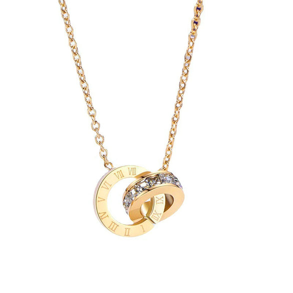 Wholesale Women's Titanium Steel Gold Plated Roman Numerals Doublering Pendant Ochain Necklace