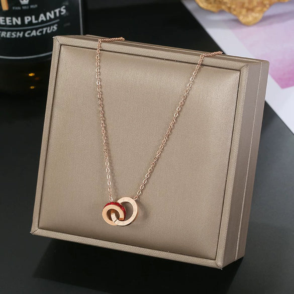Wholesale Women's Titanium Steel Gold Plated Roman Numerals Doublering Pendant Ochain Necklace