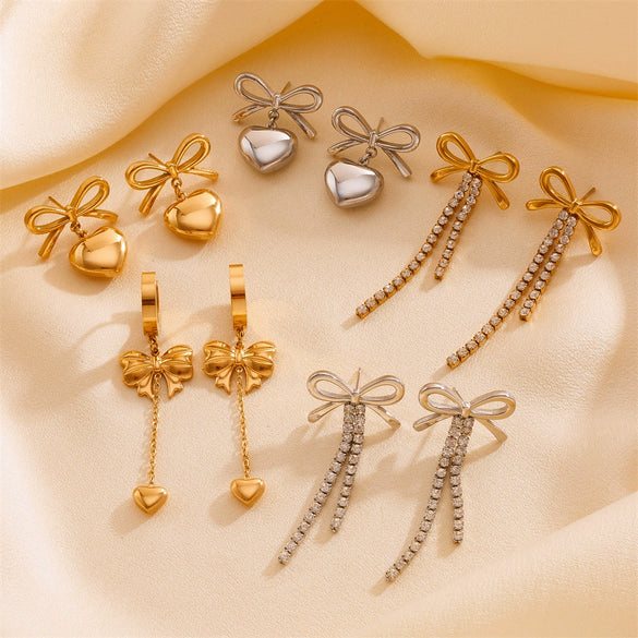 Wholesale Women's Titanium Steel Heart Bow Tassel Diamond Earrings Allmatch Geometric Style