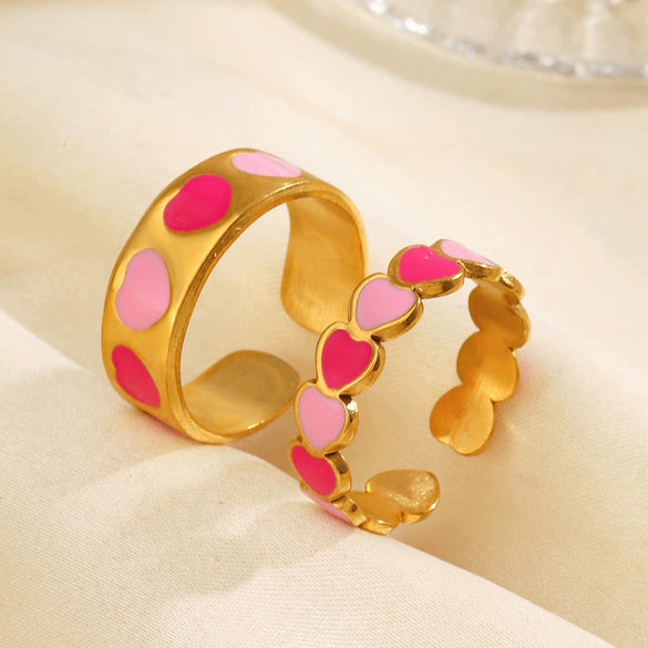Wholesale Women's Titanium Steel Heart Shape Ring With Pink Drop Oil Love Pattern And Electroplating Process