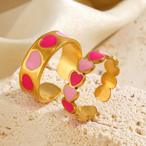 Wholesale Women's Titanium Steel Heart Shape Ring With Pink Drop Oil Love Pattern And Electroplating Process