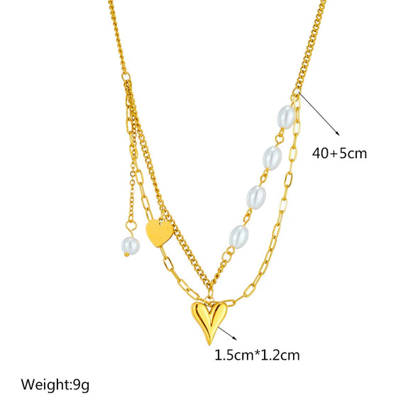 Wholesale Women's Titanium Steel Heart Shaped Pearl Tassel Pendant Stacked Double Layer Necklace With Electroplating