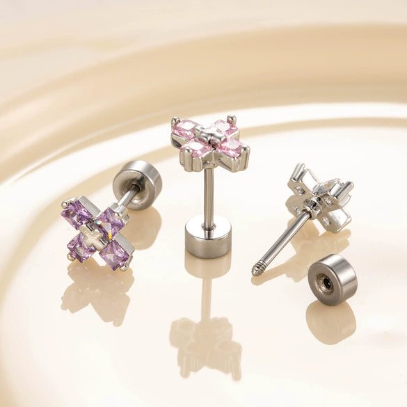 Wholesale Women's Titanium Steel Inlaid Zircon Square Cross Cochlear Ear Bone Nail Princess Style