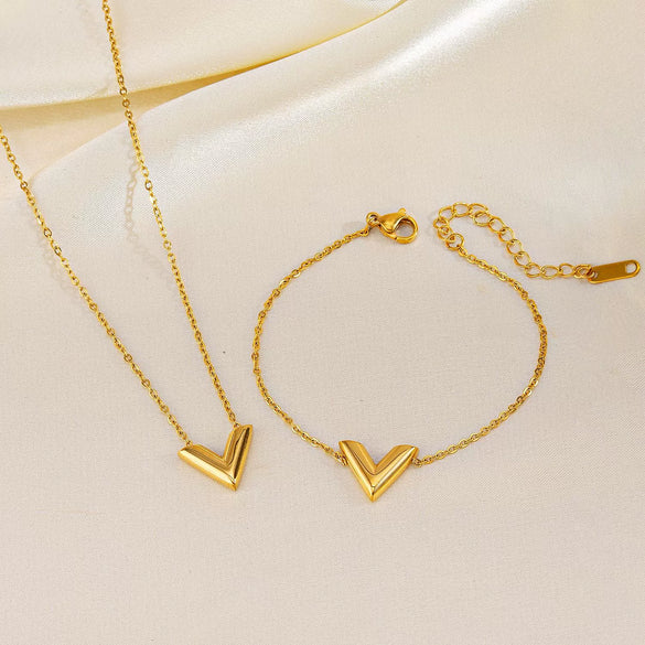 Wholesale Women's Titanium Steel Jewelry Set With V Shaped Cross Chain Letter Design And Electroplating Treatment