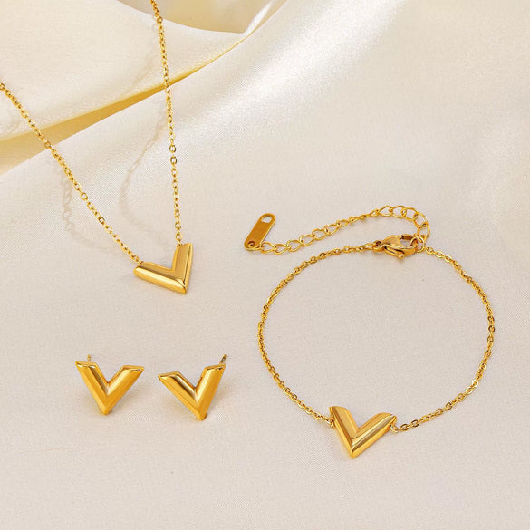 Wholesale Women's Titanium Steel Jewelry Set With V Shaped Cross Chain Letter Design And Electroplating Treatment