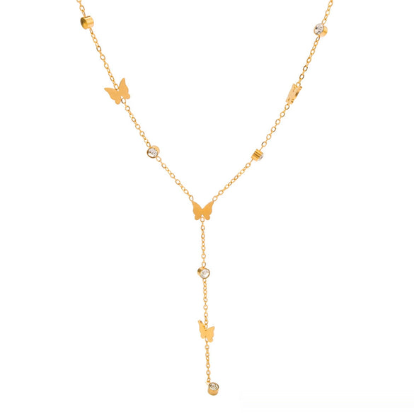Wholesale Women's Titanium Steel 18K Gold Plated Butterfly Clavicle Chain With No Fade Diamond Pendant O Chain 18K Vacuum Plating In Furnace
