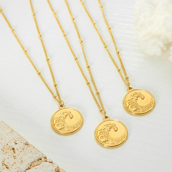 Wholesale Women's 316L Stainless Steel 18K Gold Plated Collarbone Chain With Geometric Wave Pattern Pendant Necklace