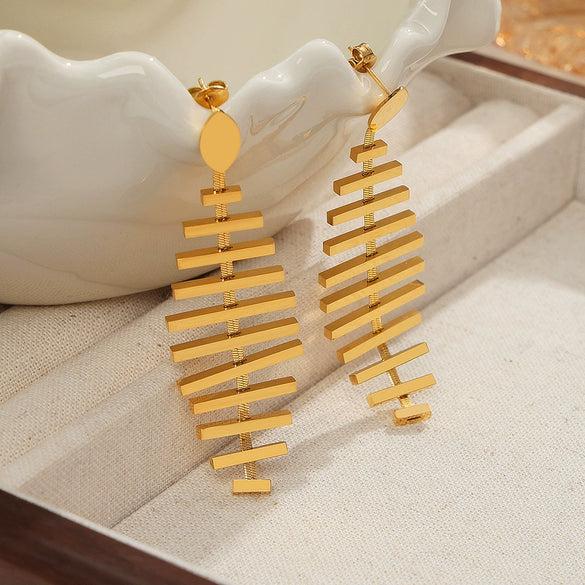 Wholesale Women's 316L Stainless Steel 18K Gold Plated Geometric Fish Bone Long Earrings Jewelry