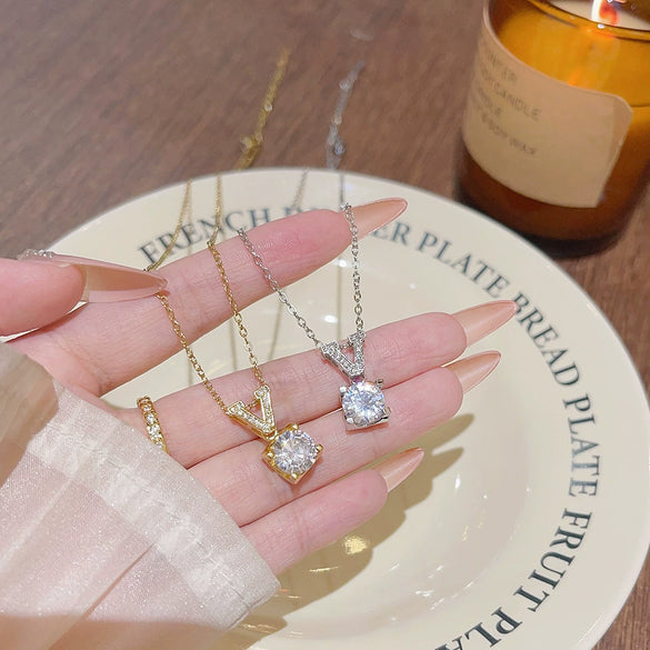 Wholesale Women's Titanium Steel Letter Geometric Light Luxury Inlaid Zircon Necklace With Cross Chain