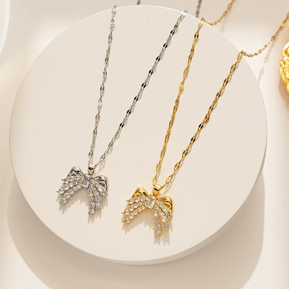 Wholesale Women's Titanium Steel Light Luxury Geometric Bow Jewelry Pendant Necklace
