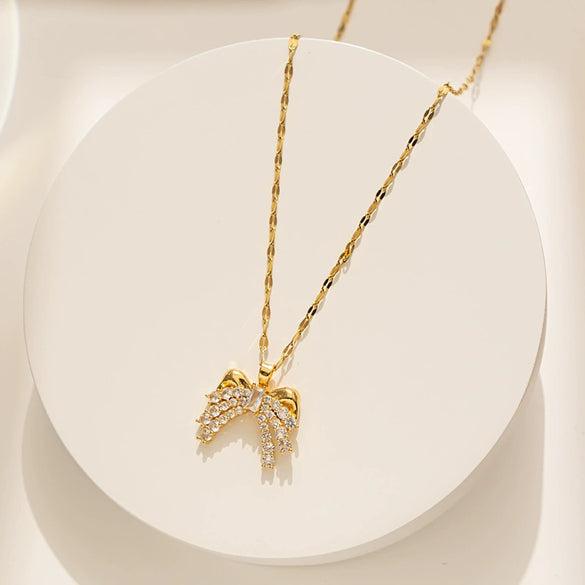 Wholesale Women's Titanium Steel Light Luxury Geometric Bow Jewelry Pendant Necklace