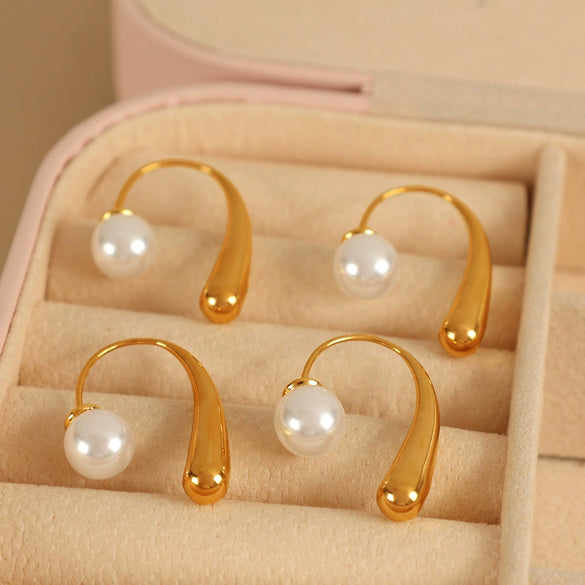Wholesale Women's 316L Stainless Steel Light Luxury Style U Shape Drop Shaped Electroplated Pearl Earrings