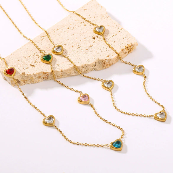 Wholesale Women's Titanium Steel Love Heartshaped Necklace Set With Color Diamond Simple Light Luxury 18K Gold Colorfree Ochain Electroplated With 18K Vacuum Plating In Furnace