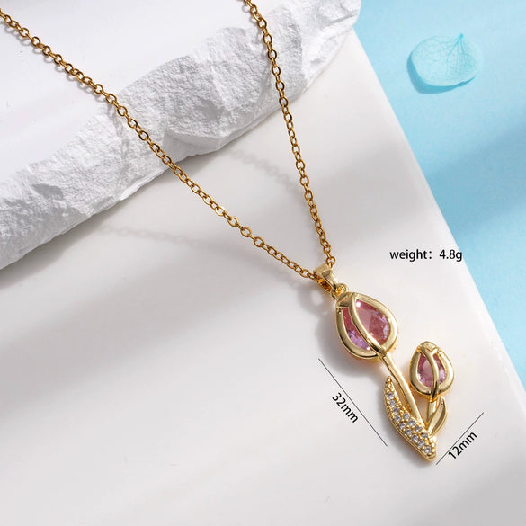 Wholesale Women's Titanium Steel Necklace Copper Gold Plated Cat's Eye Tulip Design With Mixed Gem Inlay And Ochain Light Luxury Flower Pattern