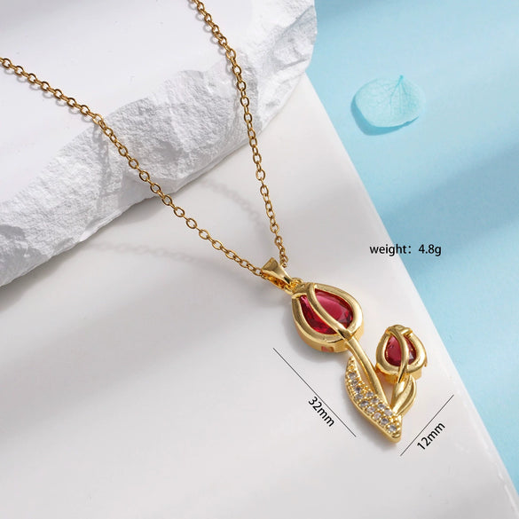 Wholesale Women's Titanium Steel Necklace Copper Gold Plated Cat's Eye Tulip Design With Mixed Gem Inlay And Ochain Light Luxury Flower Pattern