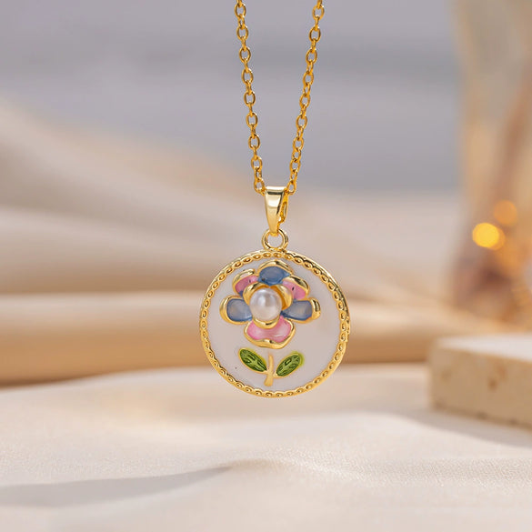 Wholesale Women's Titanium Steel Necklace With Copper Pendant In Monet's Garden Oil Painting Style Flower Shape Dripping Oil Design O Word Chain Light Luxury French Retro Simple